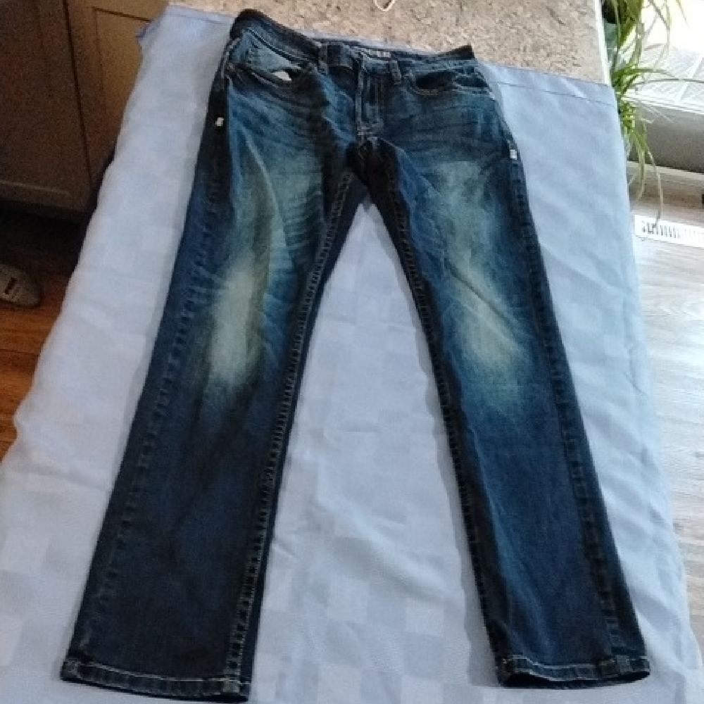 Blue Straight Leg Jeans with Vintage Fading